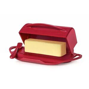New BUTTERIE Red Butter Dish. Flip Top Lid, Holds 2 Sticks Of Butter